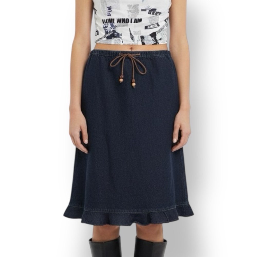 Y2K Denim Skirt Drawstring Waist Ruffle Hem Size 25’’